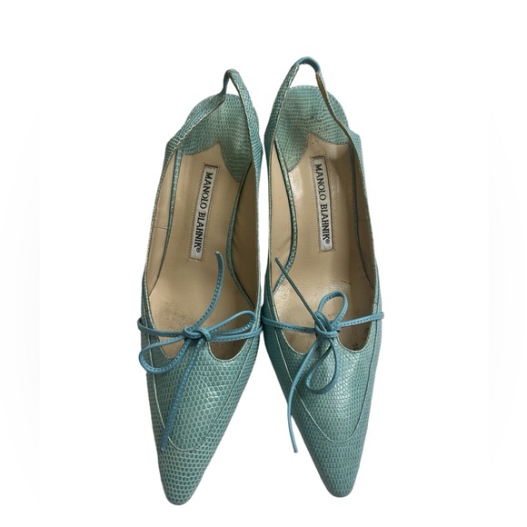 MANOLO BLAHNIK Reptile Skin Leather SHOES Slingbacks Heels Pump blue size 37 - Picture 13 of 15